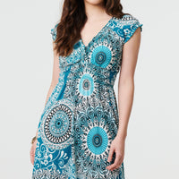 Mosaic Print Cap Sleeve Empire Maxi Dress