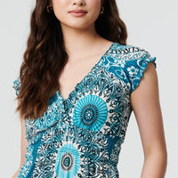 Mosaic Print Cap Sleeve Empire Maxi Dress