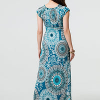 Mosaic Print Cap Sleeve Empire Maxi Dress