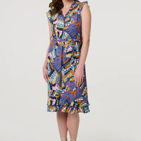 Abstract Frill Cap Sleeve Wrap Midi Dress