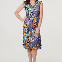 Abstract Frill Cap Sleeve Wrap Midi Dress
