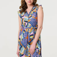 Abstract Frill Cap Sleeve Wrap Midi Dress