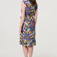 Abstract Frill Cap Sleeve Wrap Midi Dress
