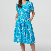 Printed Short Sleeve Tie Waist Midi Dress