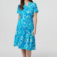 Printed Short Sleeve Tie Waist Midi Dress