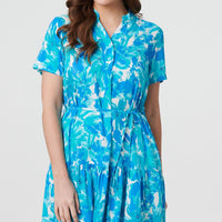 Printed Short Sleeve Tie Waist Midi Dress