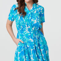 Printed Short Sleeve Tie Waist Midi Dress