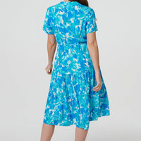 Printed Short Sleeve Tie Waist Midi Dress