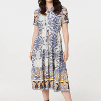 Patchwork Print Short Sleeve Midi Dress