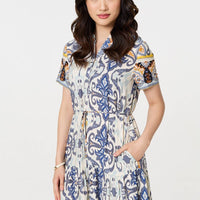 Patchwork Print Short Sleeve Midi Dress