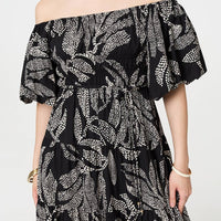 Leaf Print Puff 1/2 Sleeve Midi Dress