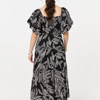 Leaf Print Puff 1/2 Sleeve Midi Dress