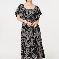 Leaf Print Puff 1/2 Sleeve Midi Dress