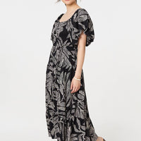 Leaf Print Puff 1/2 Sleeve Midi Dress