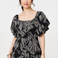 Leaf Print Puff 1/2 Sleeve Midi Dress