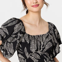Leaf Print Puff 1/2 Sleeve Midi Dress