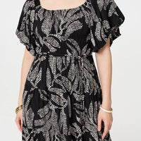 Leaf Print Puff 1/2 Sleeve Midi Dress