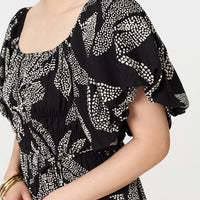 Leaf Print Puff 1/2 Sleeve Midi Dress