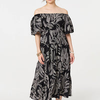 Leaf Print Puff 1/2 Sleeve Midi Dress