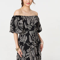 Leaf Print Puff 1/2 Sleeve Midi Dress