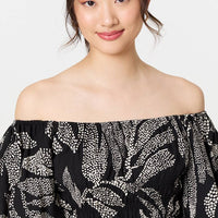 Leaf Print Puff 1/2 Sleeve Midi Dress