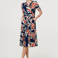 Floral V-Neck Pleated Midi Wrap Dress