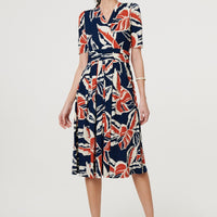 Floral V-Neck Pleated Midi Wrap Dress
