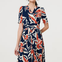 Floral V-Neck Pleated Midi Wrap Dress