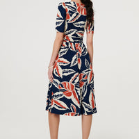 Floral V-Neck Pleated Midi Wrap Dress