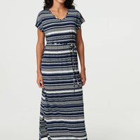 Striped Cap Sleeve Tie Waist Maxi Dress