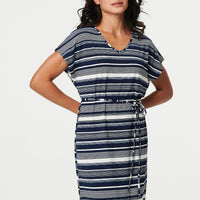 Striped Cap Sleeve Tie Waist Maxi Dress