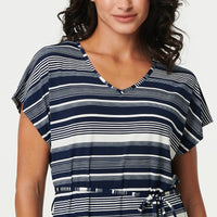 Striped Cap Sleeve Tie Waist Maxi Dress