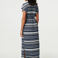 Striped Cap Sleeve Tie Waist Maxi Dress