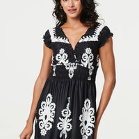 Ikat Print Ruched Cap Sleeve Maxi Dress