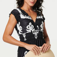 Ikat Print Ruched Cap Sleeve Maxi Dress