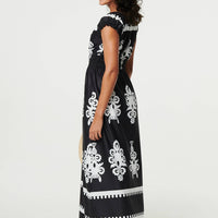 Ikat Print Ruched Cap Sleeve Maxi Dress