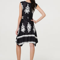 Ikat Print Tie Front Knee Length Dress