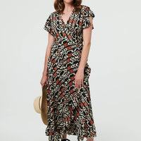 Abstract Frilled Sleeve Wrap Midi Dress