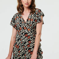 Abstract Frilled Sleeve Wrap Midi Dress