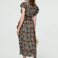 Abstract Frilled Sleeve Wrap Midi Dress