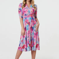 Abstract 3/4 Sleeve Midi Wrap Dress