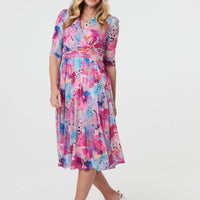 Abstract 3/4 Sleeve Midi Wrap Dress