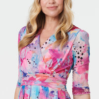 Abstract 3/4 Sleeve Midi Wrap Dress