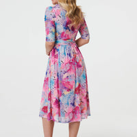 Abstract 3/4 Sleeve Midi Wrap Dress