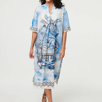 Abstract 1/2 Sleeve Midi Shift Dress
