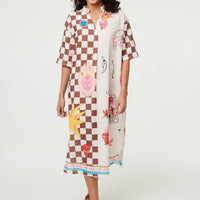 Abstract 1/2 Sleeve Midi Shift Dress
