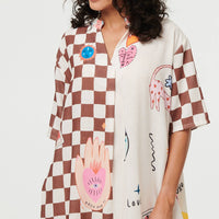 Abstract 1/2 Sleeve Midi Shift Dress