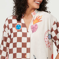 Abstract 1/2 Sleeve Midi Shift Dress