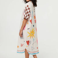 Abstract 1/2 Sleeve Midi Shift Dress