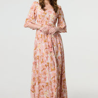 Floral 3/4 Flare Sleeve Smock Maxi Dress